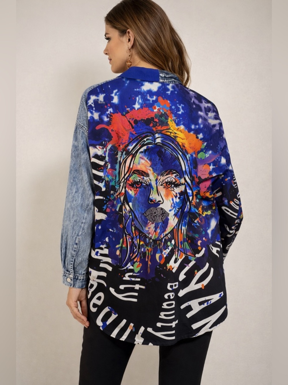 Frank Lyman MontrealDenim Mixed Media Shirt Graphic Art Face Rhinestone Tunic M